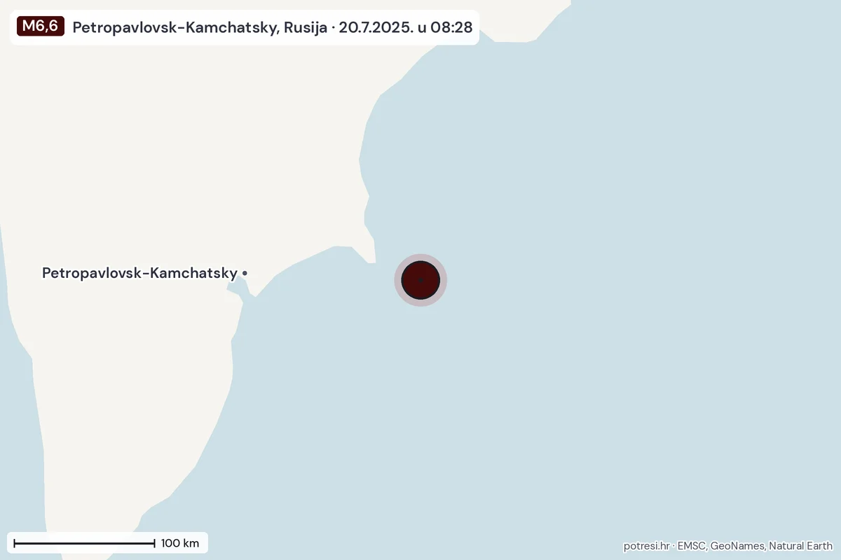 Karta: šire područje, 600 km, potres M6,6, Petropavlovsk-Kamchatsky, Rusija, 20.7.2025.
