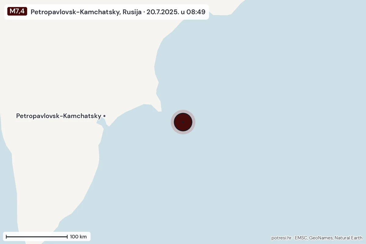 Karta: šire područje, 600 km, potres M7,4, Petropavlovsk-Kamchatsky, Rusija, 20.7.2025.
