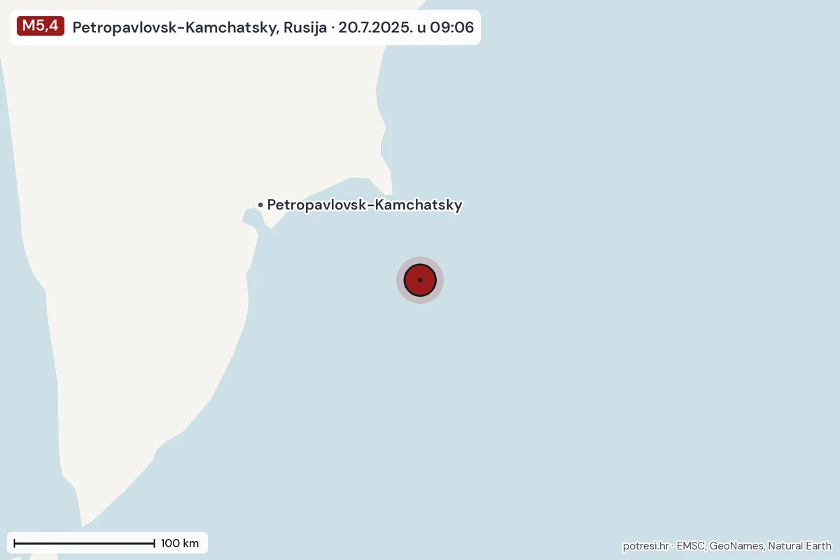 Karta: šire područje, 600 km, potres M5,4, Petropavlovsk-Kamchatsky, Rusija, 20.7.2025.