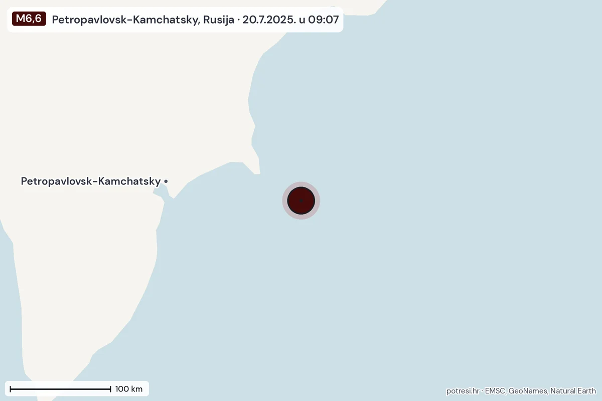 Karta: šire područje, 600 km, potres M6,6, Petropavlovsk-Kamchatsky, Rusija, 20.7.2025.