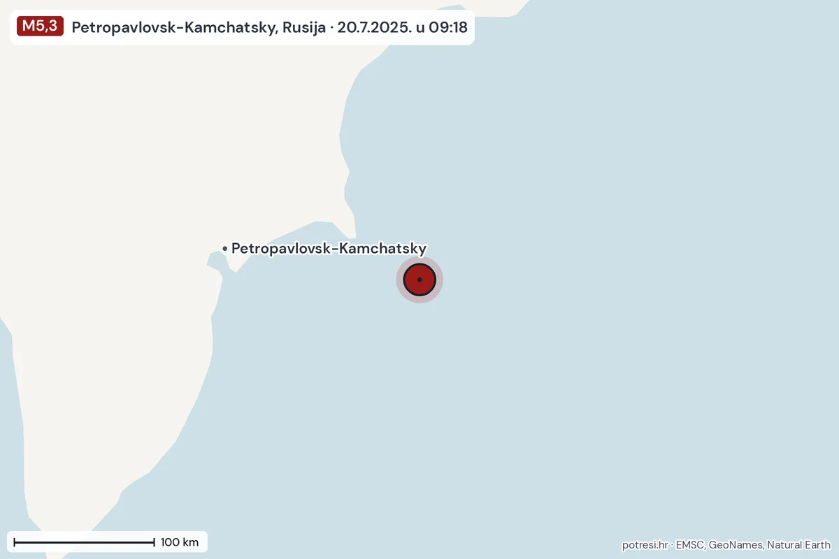 Karta: šire područje, 600 km, potres M5,3, Petropavlovsk-Kamchatsky, Rusija, 20.7.2025.