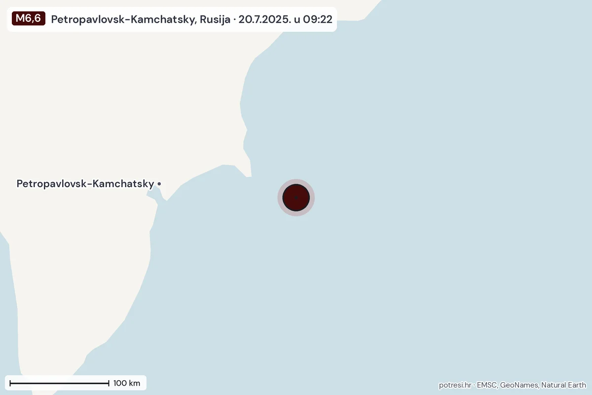 Karta: šire područje, 600 km, potres M6,6, Petropavlovsk-Kamchatsky, Rusija, 20.7.2025.