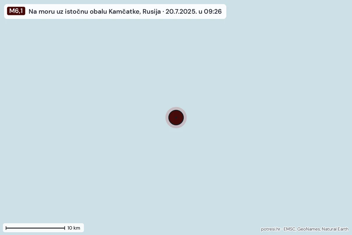 Karta: okolica epicentra, 60 km, potres M6,1, Na moru uz istočnu obalu Kamčatke, Rusija, 20.7.2025.