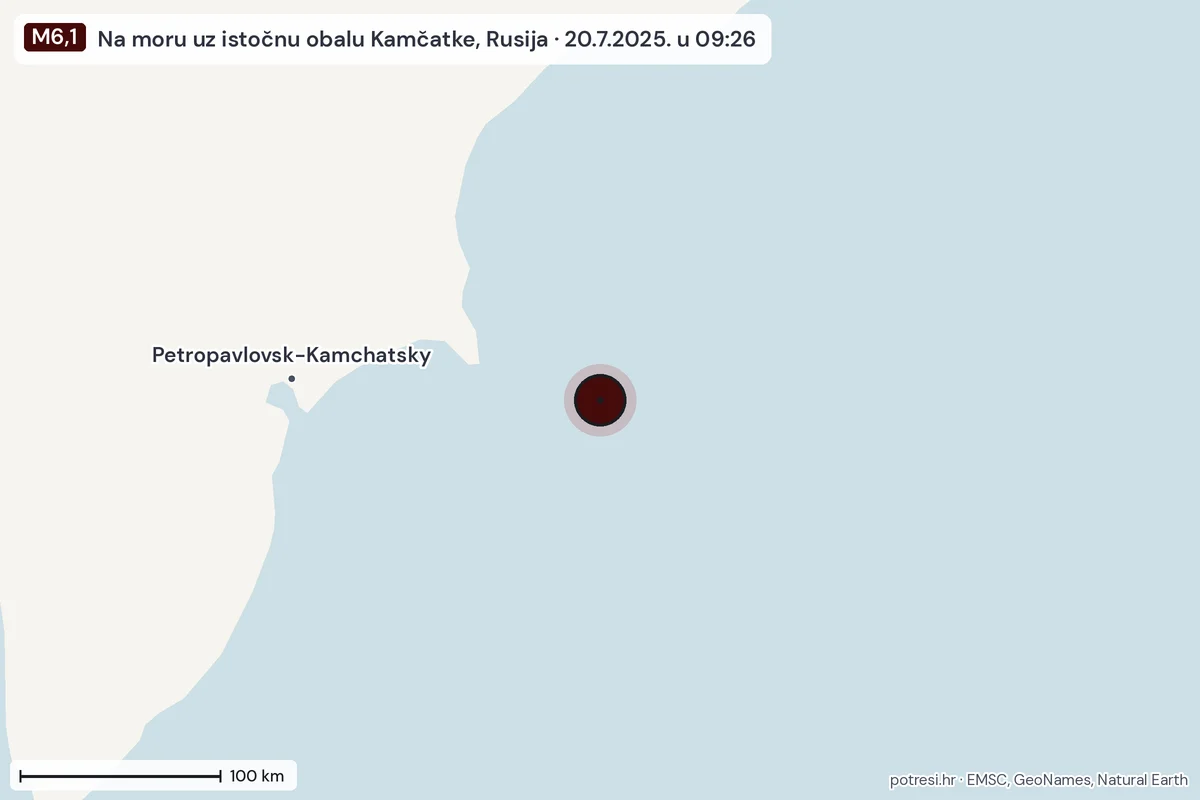 Karta: šire područje, 600 km, potres M6,1, Na moru uz istočnu obalu Kamčatke, Rusija, 20.7.2025.