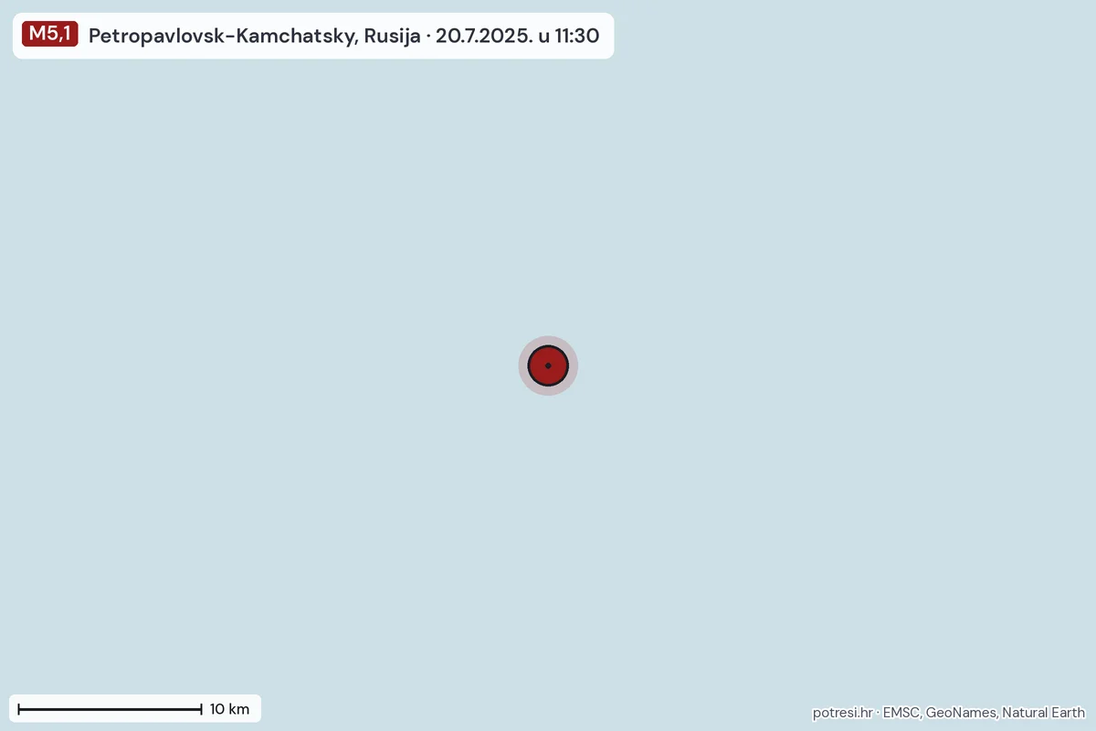 Karta: okolica epicentra, 60 km, potres M5,1, Petropavlovsk-Kamchatsky, Rusija, 20.7.2025.