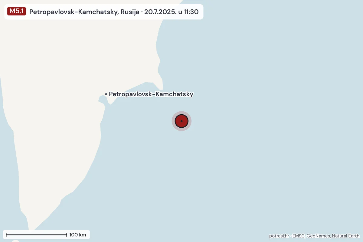 Karta: šire područje, 600 km, potres M5,1, Petropavlovsk-Kamchatsky, Rusija, 20.7.2025.
