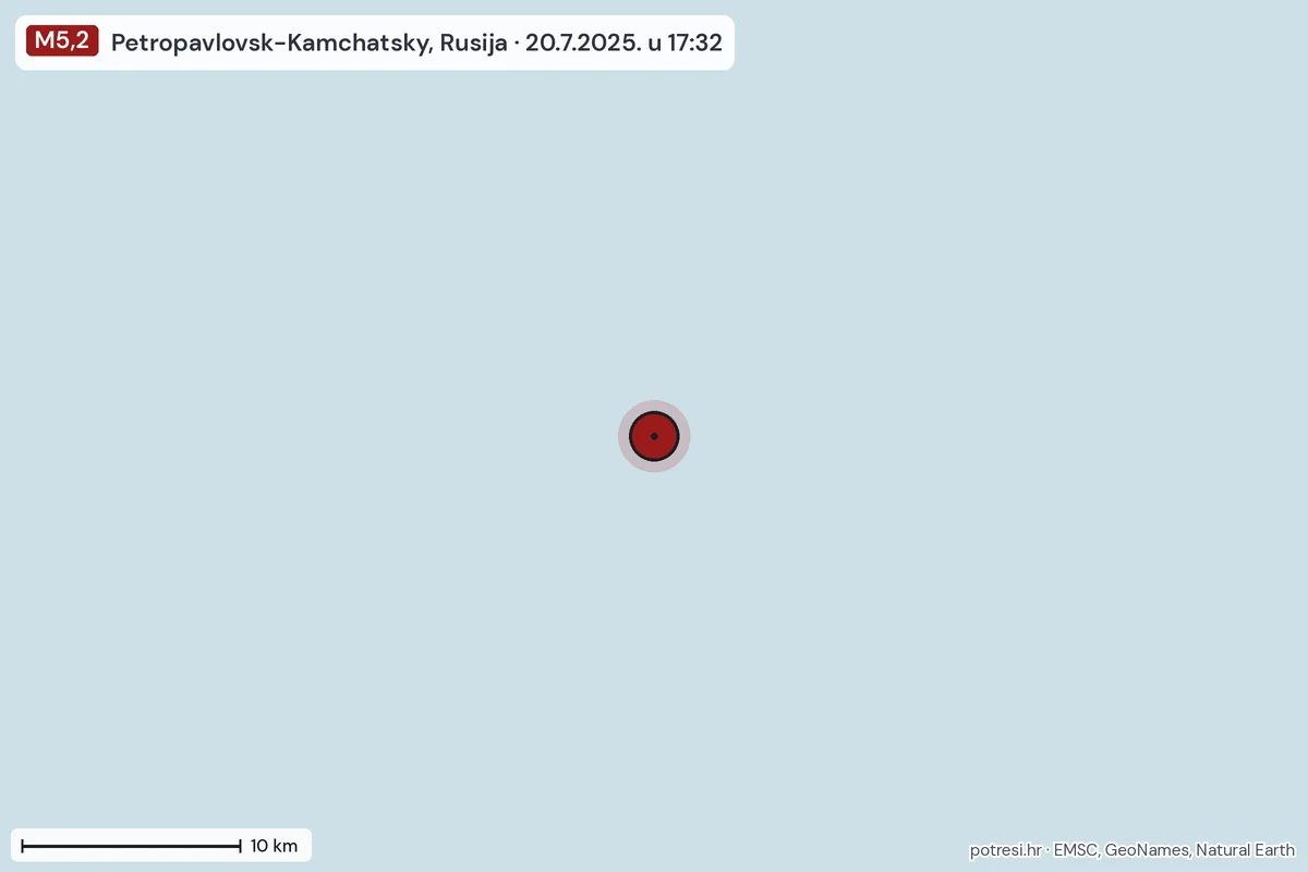 Karta: okolica epicentra, 60 km, potres M5,2, Petropavlovsk-Kamchatsky, Rusija, 20.7.2025.