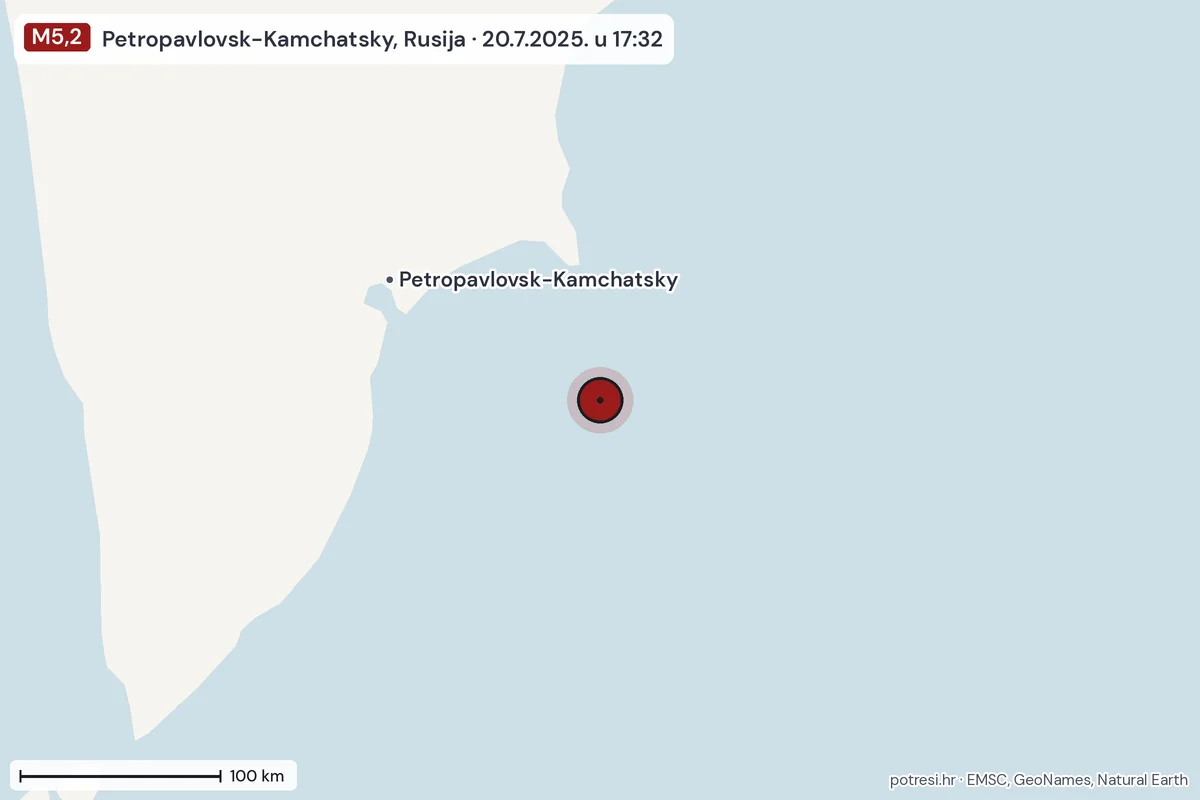 Karta: šire područje, 600 km, potres M5,2, Petropavlovsk-Kamchatsky, Rusija, 20.7.2025.