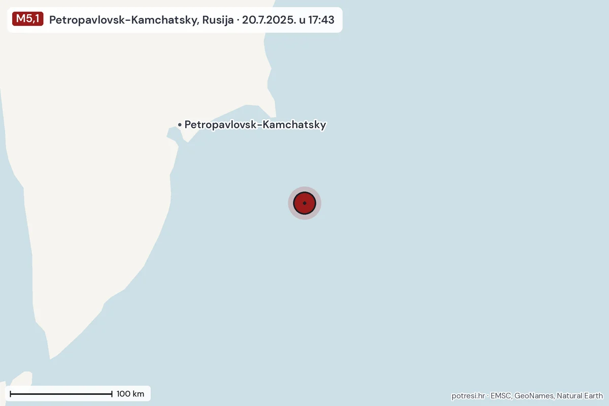 Karta: šire područje, 600 km, potres M5,1, Petropavlovsk-Kamchatsky, Rusija, 20.7.2025.