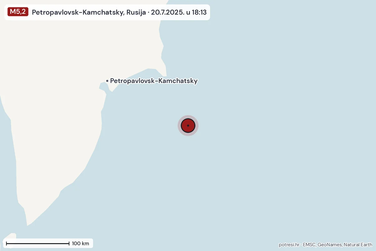 Karta: šire područje, 600 km, potres M5,2, Petropavlovsk-Kamchatsky, Rusija, 20.7.2025.