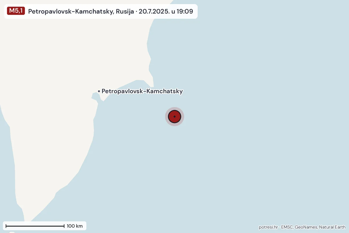 Karta: šire područje, 600 km, potres M5,1, Petropavlovsk-Kamchatsky, Rusija, 20.7.2025.