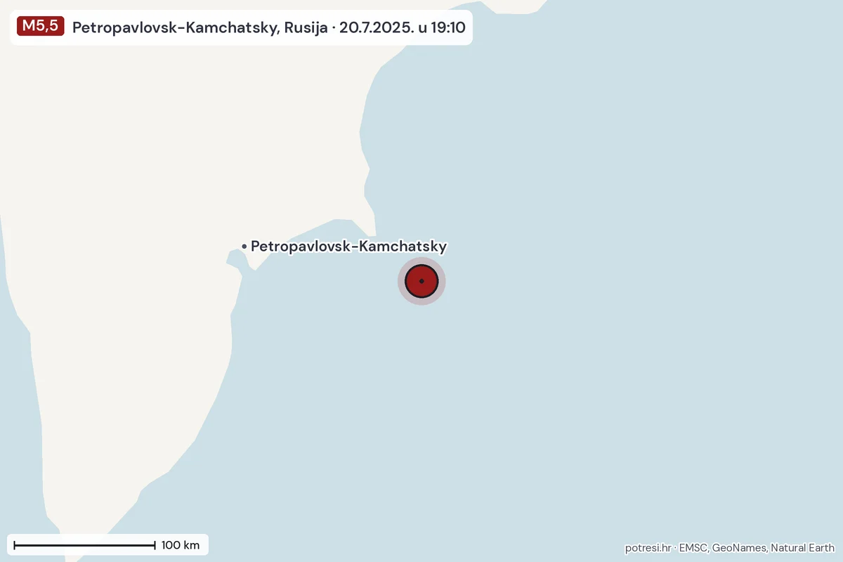 Karta: šire područje, 600 km, potres M5,5, Petropavlovsk-Kamchatsky, Rusija, 20.7.2025.