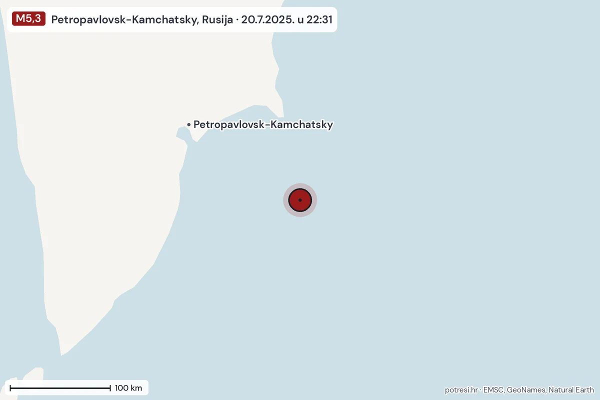 Karta: šire područje, 600 km, potres M5,3, Petropavlovsk-Kamchatsky, Rusija, 20.7.2025.