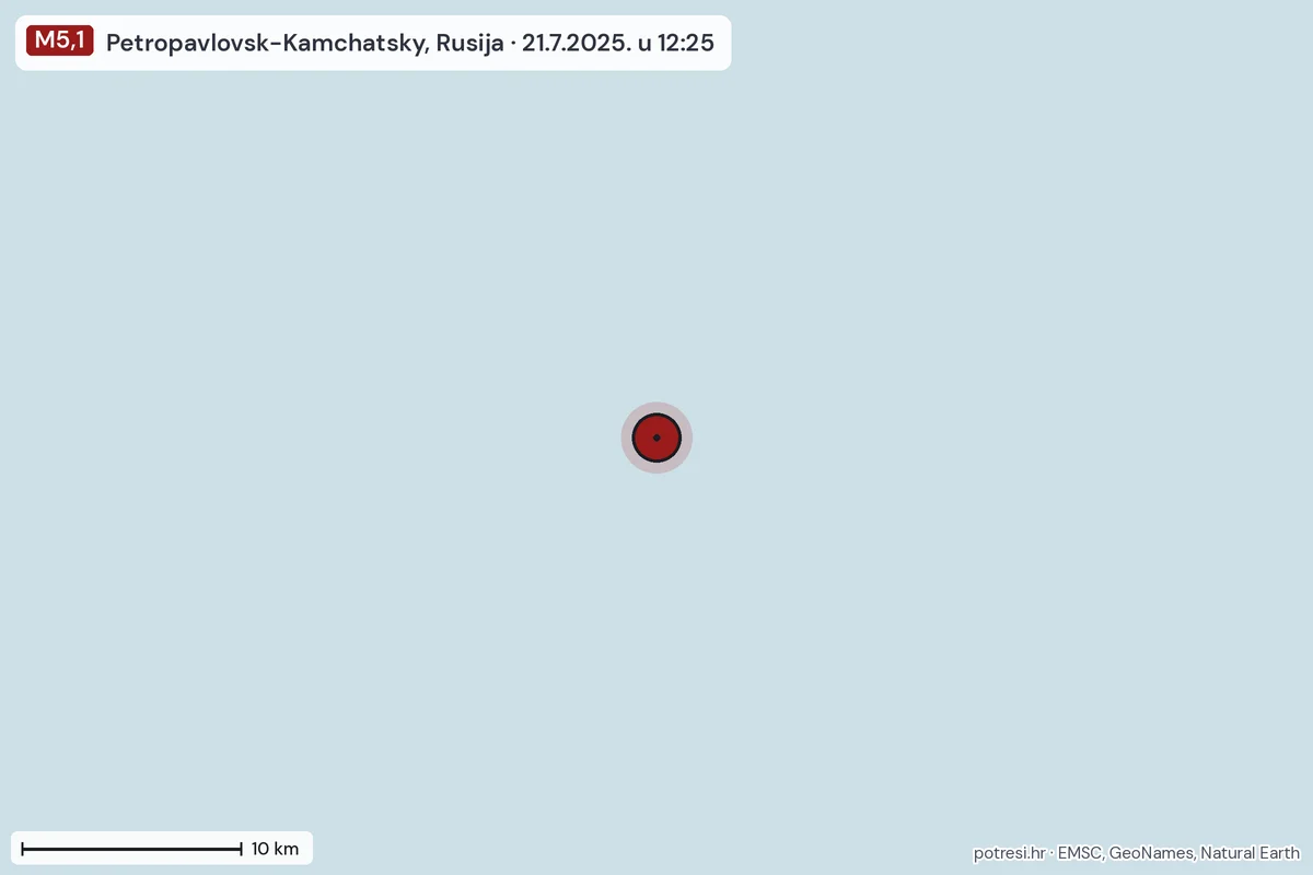Karta: okolica epicentra, 60 km, potres M5,1, Petropavlovsk-Kamchatsky, Rusija, 21.7.2025.