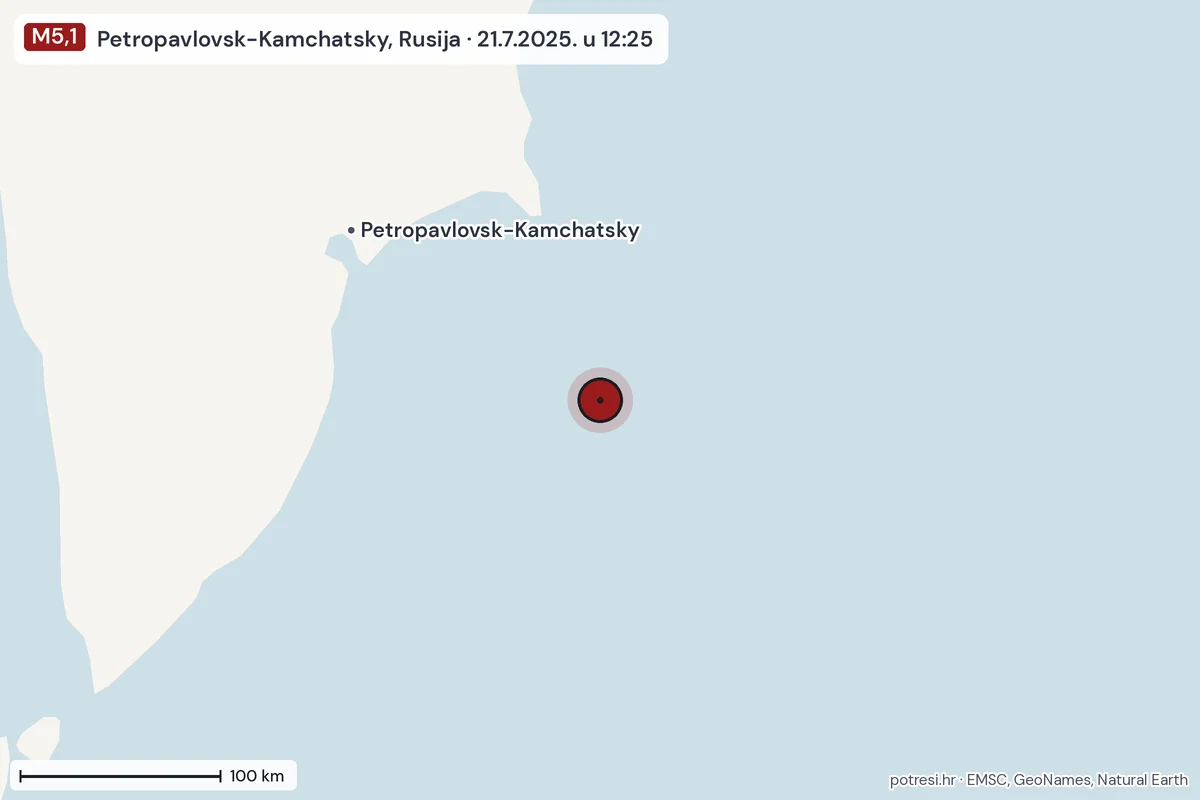 Karta: šire područje, 600 km, potres M5,1, Petropavlovsk-Kamchatsky, Rusija, 21.7.2025.