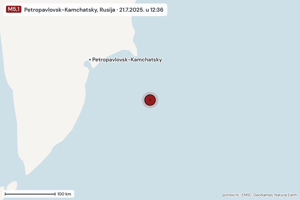 Karta: šire područje, 600 km, potres M5,1, Petropavlovsk-Kamchatsky, Rusija, 21.7.2025.
