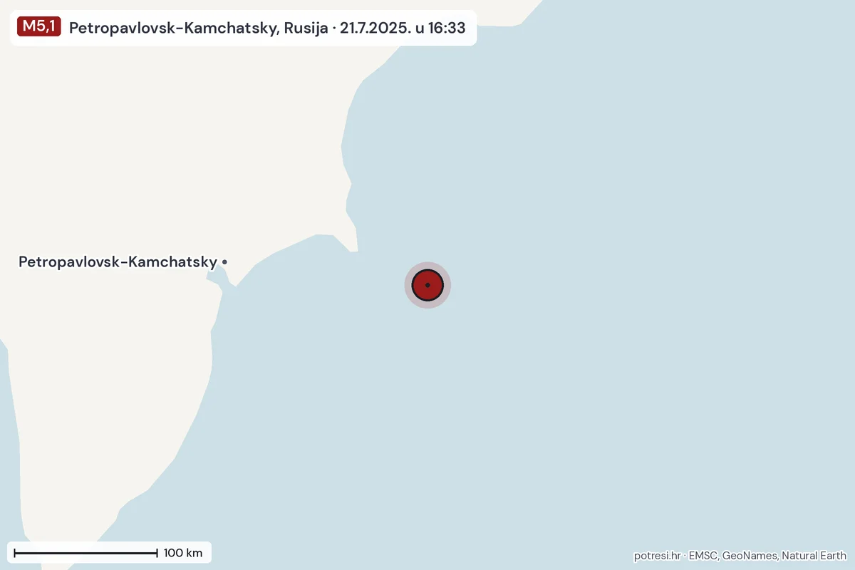 Karta: šire područje, 600 km, potres M5,1, Petropavlovsk-Kamchatsky, Rusija, 21.7.2025.