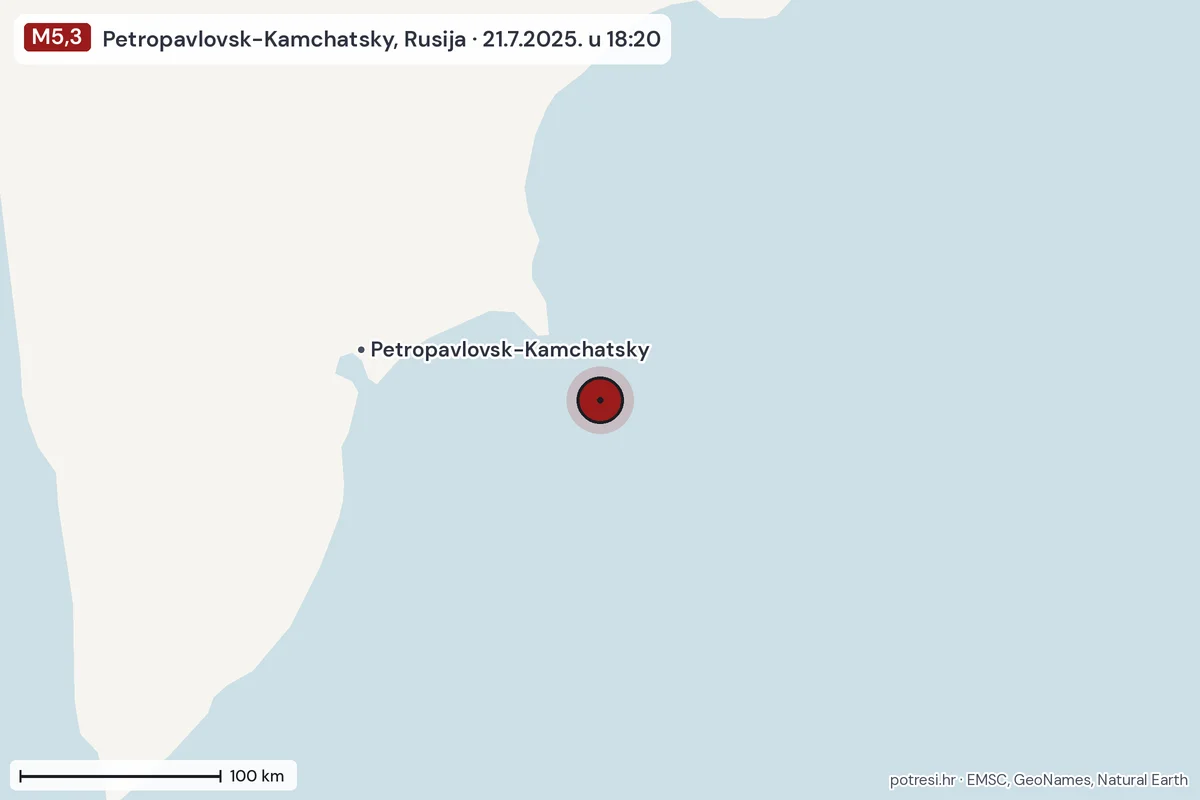 Karta: šire područje, 600 km, potres M5,3, Petropavlovsk-Kamchatsky, Rusija, 21.7.2025.
