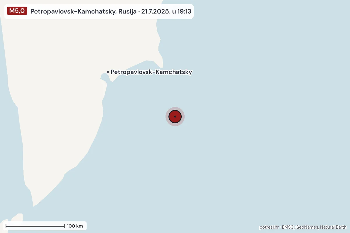 Karta: šire područje, 600 km, potres M5,0, Petropavlovsk-Kamchatsky, Rusija, 21.7.2025.