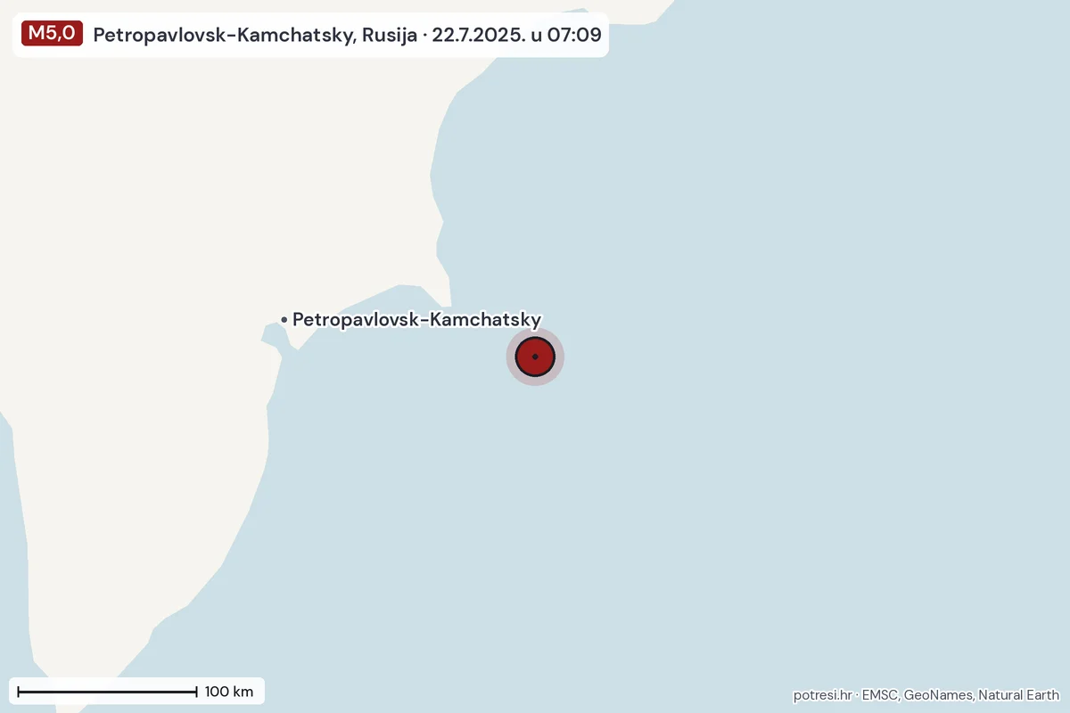 Karta: šire područje, 600 km, potres M5,0, Petropavlovsk-Kamchatsky, Rusija, 22.7.2025.