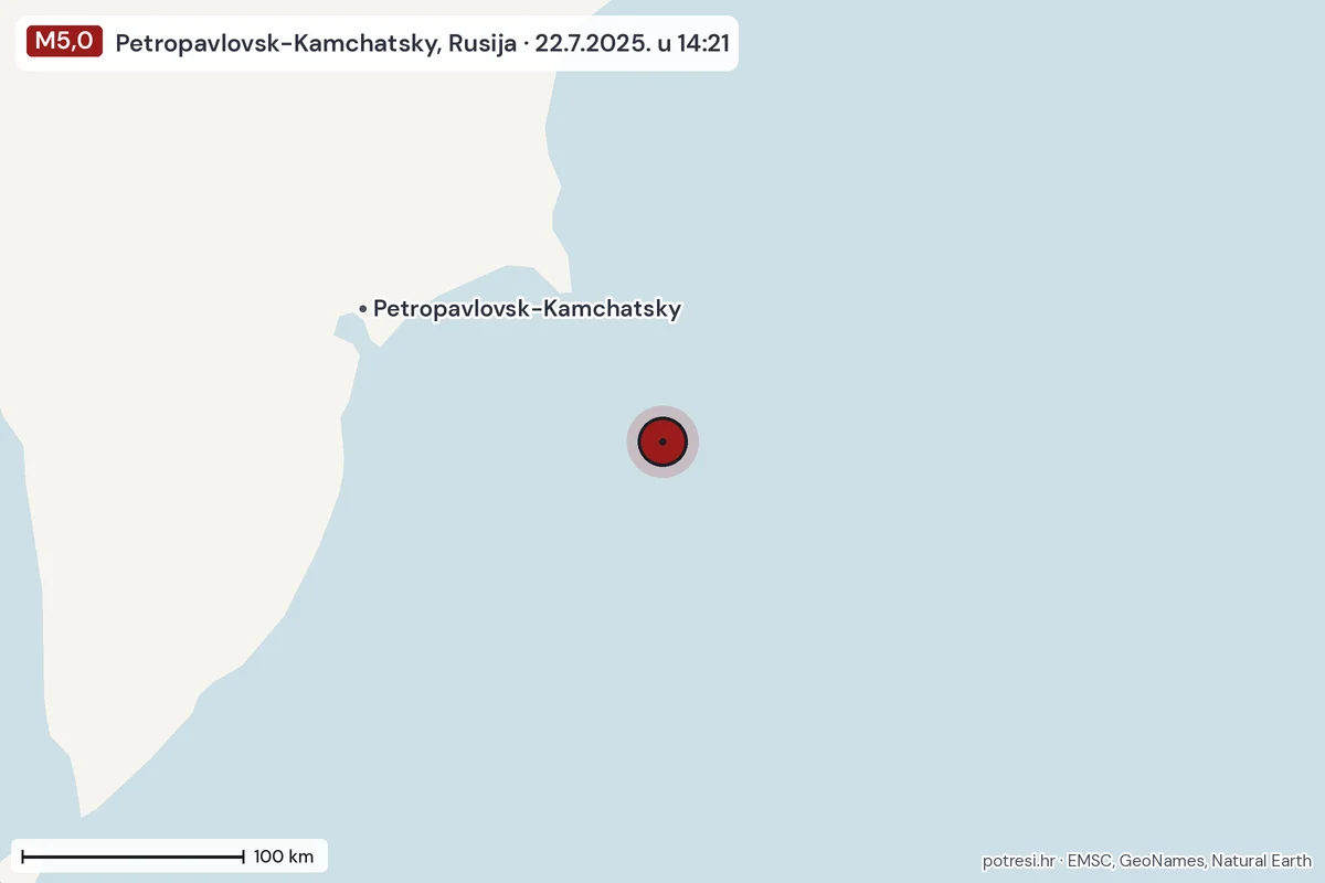 Karta: šire područje, 600 km, potres M5,0, Petropavlovsk-Kamchatsky, Rusija, 22.7.2025.