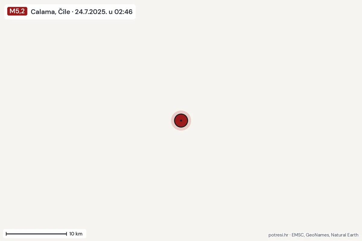 Karta: okolica epicentra, 60 km, potres M5,2, Calama, Čile, 24.7.2025.