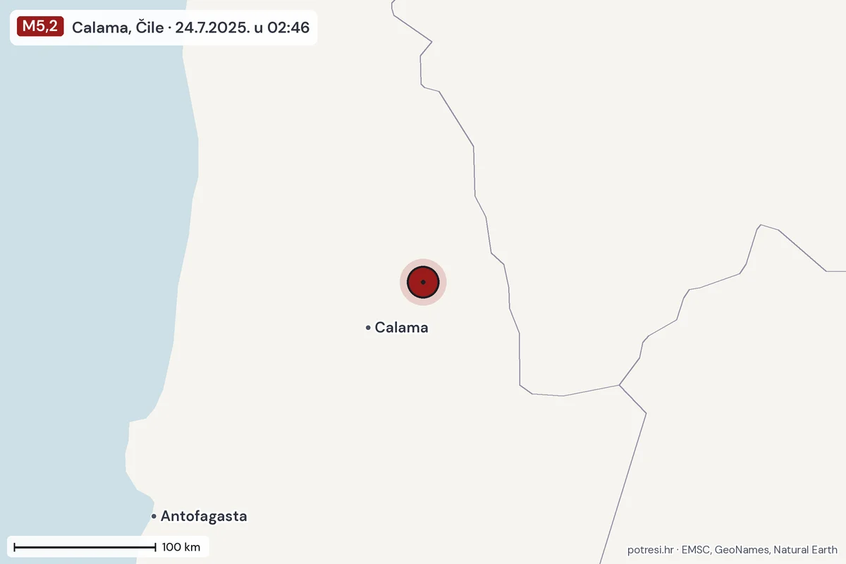Karta: šire područje, 600 km, potres M5,2, Calama, Čile, 24.7.2025.