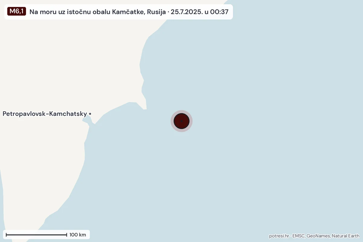 Karta: šire područje, 600 km, potres M6,1, Na moru uz istočnu obalu Kamčatke, Rusija, 25.7.2025.