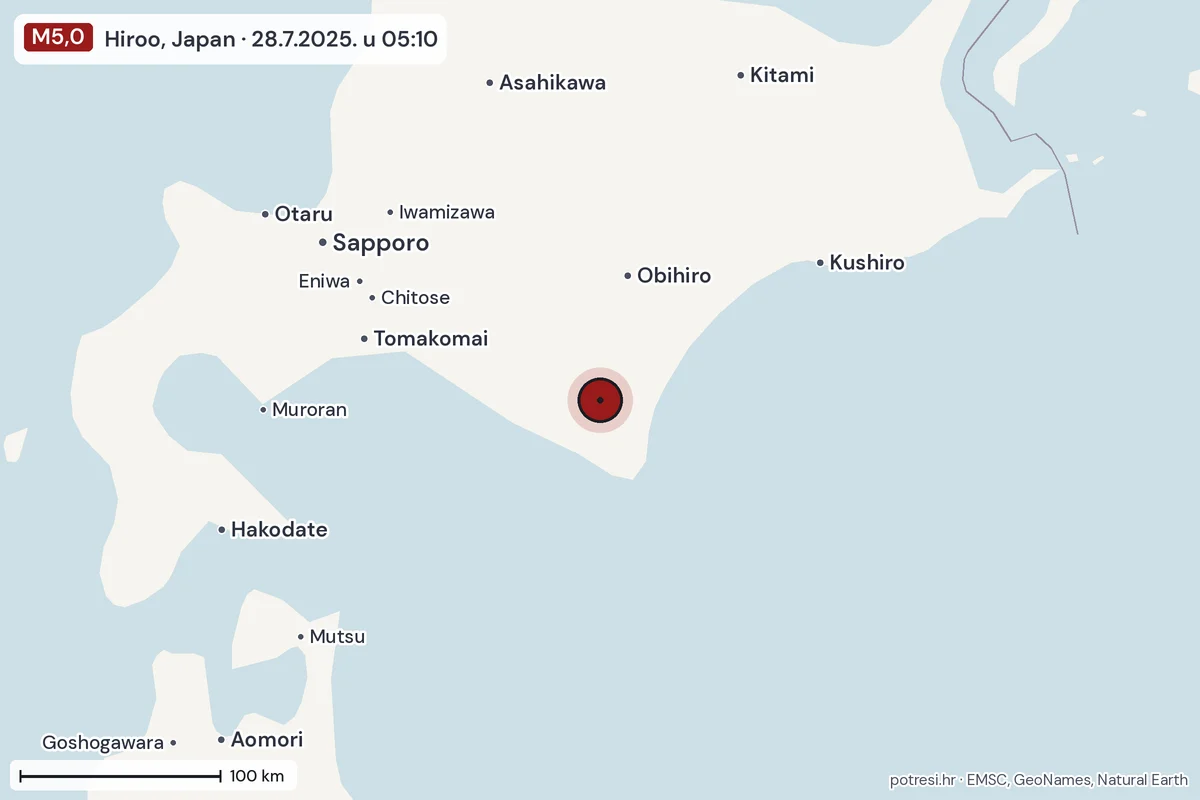 Karta: šire područje, 600 km, potres M5,0, Hiroo, Japan, 28.7.2025.
