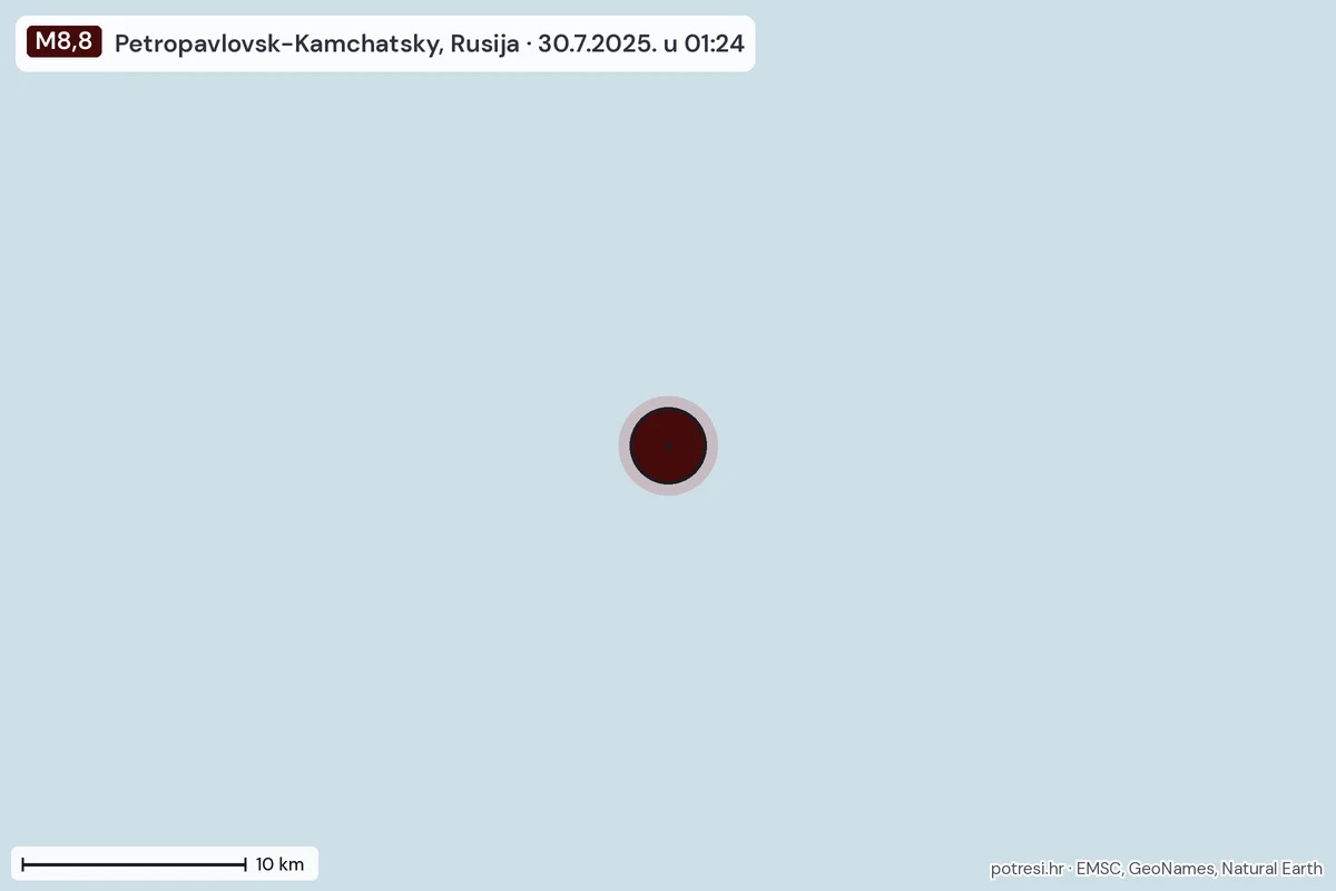 Karta: okolica epicentra, 60 km, potres M8,8, Petropavlovsk-Kamchatsky, Rusija, 30.7.2025.
