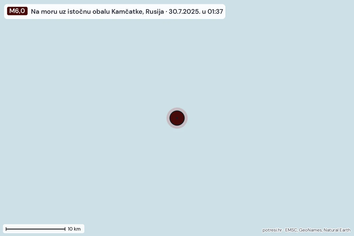 Karta: okolica epicentra, 60 km, potres M6,0, Na moru uz istočnu obalu Kamčatke, Rusija, 30.7.2025.