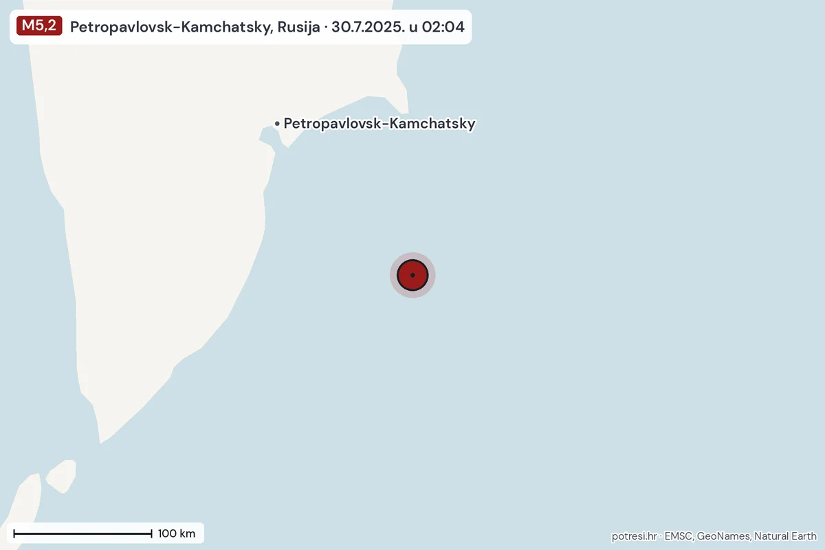 Karta: šire područje, 600 km, potres M5,2, Petropavlovsk-Kamchatsky, Rusija, 30.7.2025.
