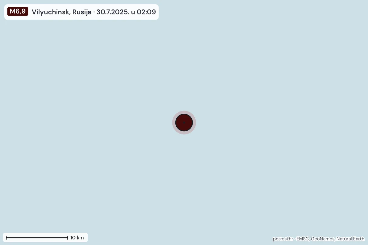 Karta: okolica epicentra, 60 km, potres M6,9, Vilyuchinsk, Rusija, 30.7.2025.