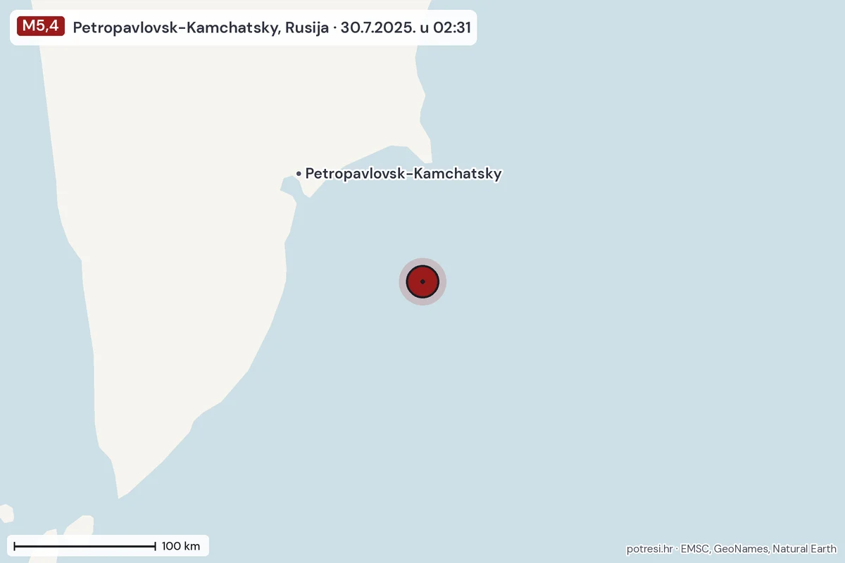 Karta: šire područje, 600 km, potres M5,4, Petropavlovsk-Kamchatsky, Rusija, 30.7.2025.
