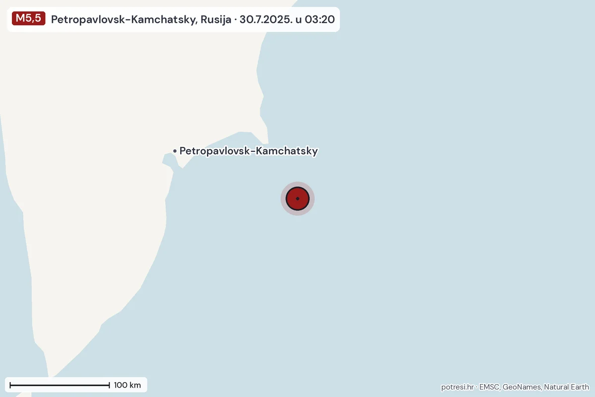 Karta: šire područje, 600 km, potres M5,5, Petropavlovsk-Kamchatsky, Rusija, 30.7.2025.