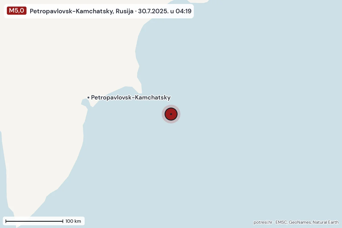 Karta: šire područje, 600 km, potres M5,0, Petropavlovsk-Kamchatsky, Rusija, 30.7.2025.