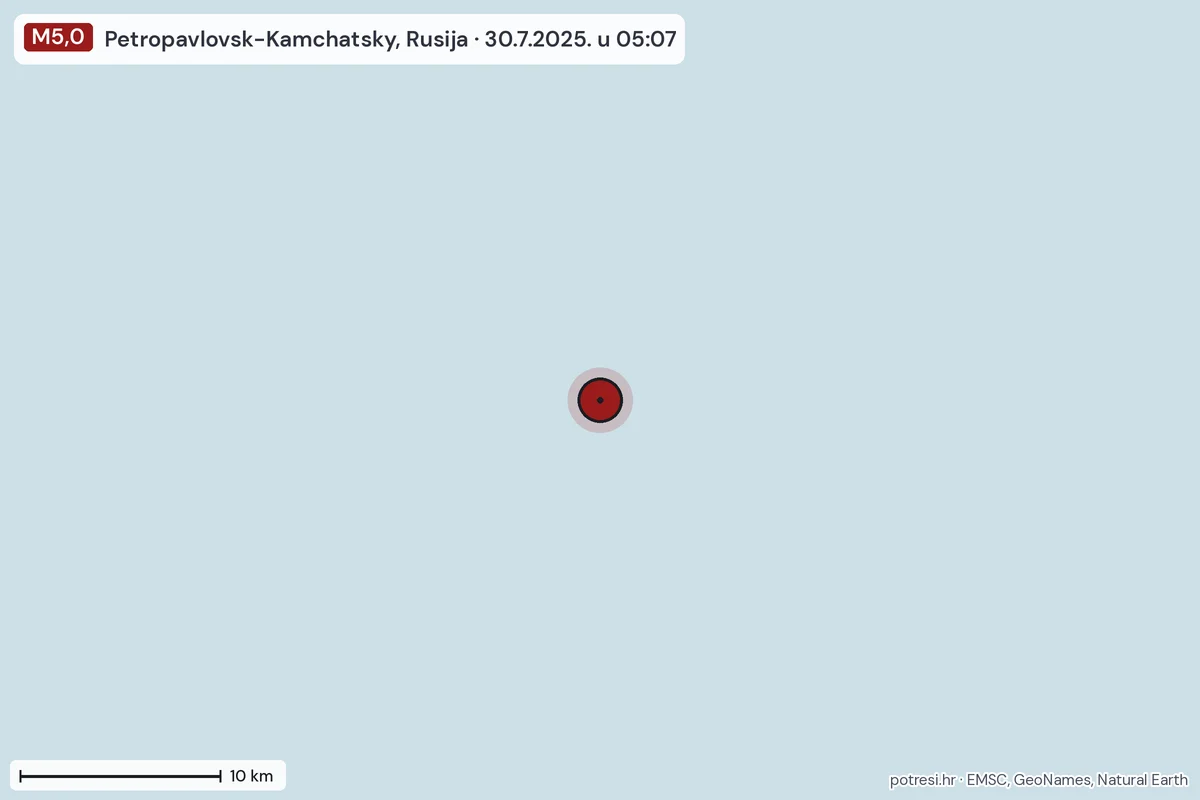 Karta: okolica epicentra, 60 km, potres M5,0, Petropavlovsk-Kamchatsky, Rusija, 30.7.2025.