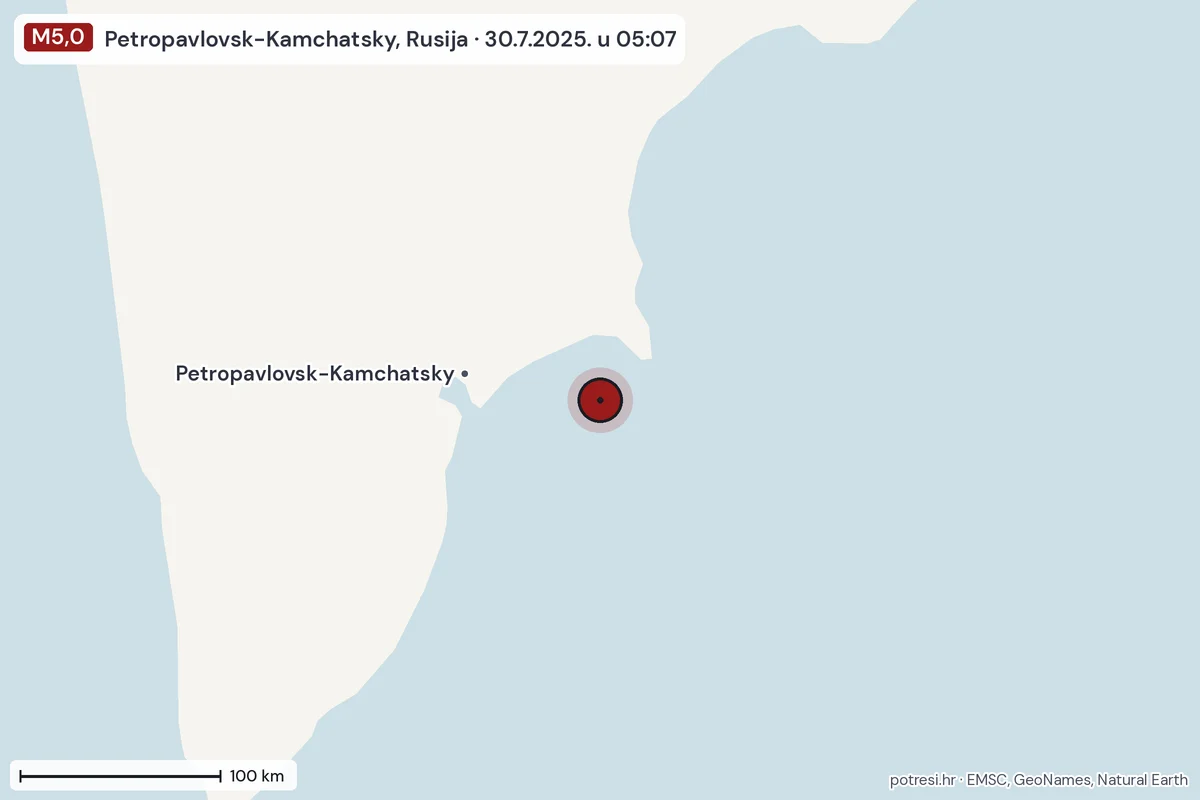 Karta: šire područje, 600 km, potres M5,0, Petropavlovsk-Kamchatsky, Rusija, 30.7.2025.