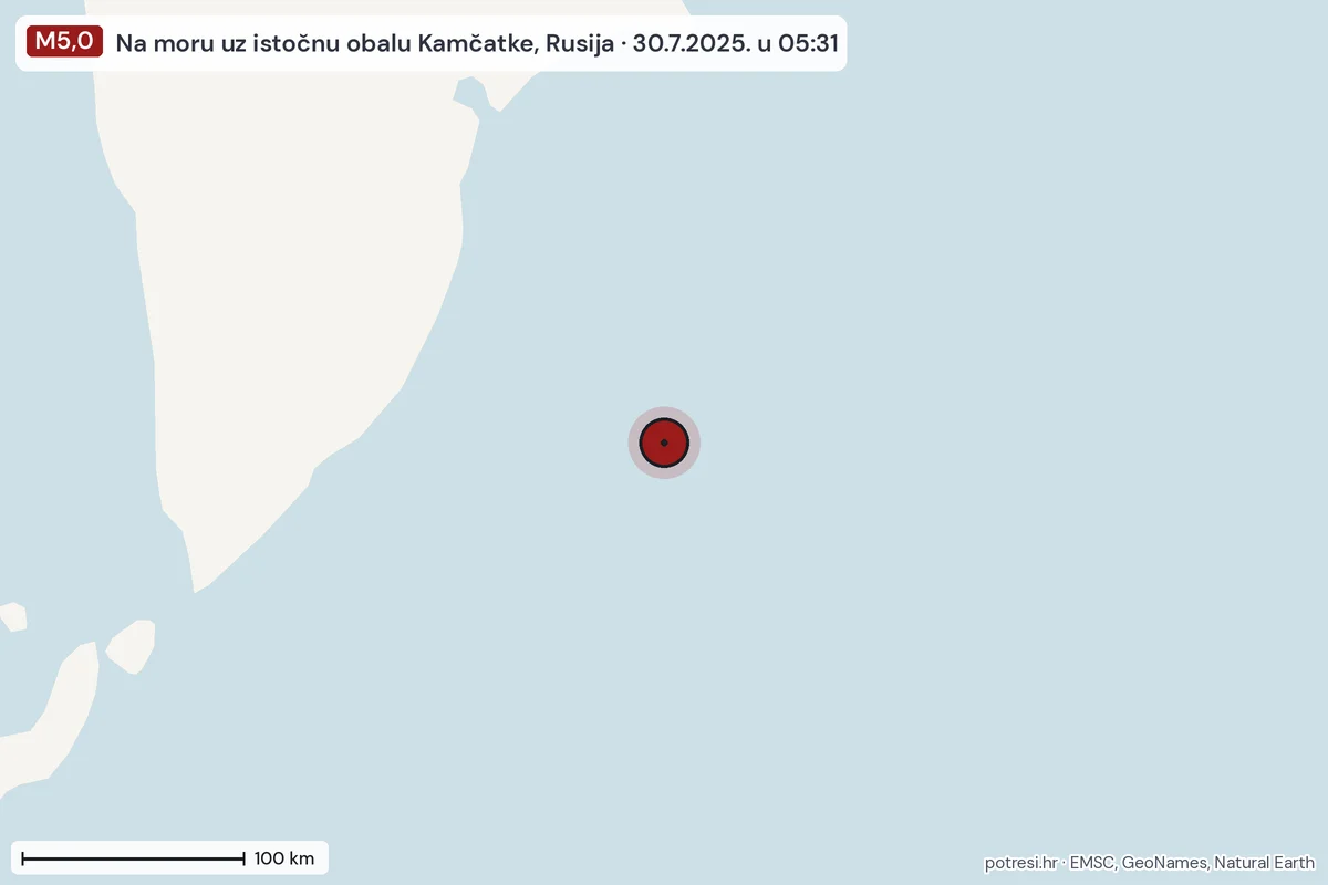 Karta: šire područje, 600 km, potres M5,0, Na moru uz istočnu obalu Kamčatke, Rusija, 30.7.2025.