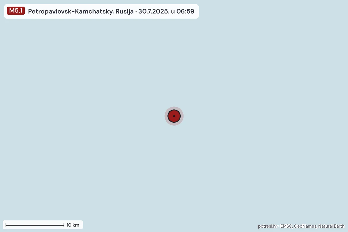 Karta: okolica epicentra, 60 km, potres M5,1, Petropavlovsk-Kamchatsky, Rusija, 30.7.2025.