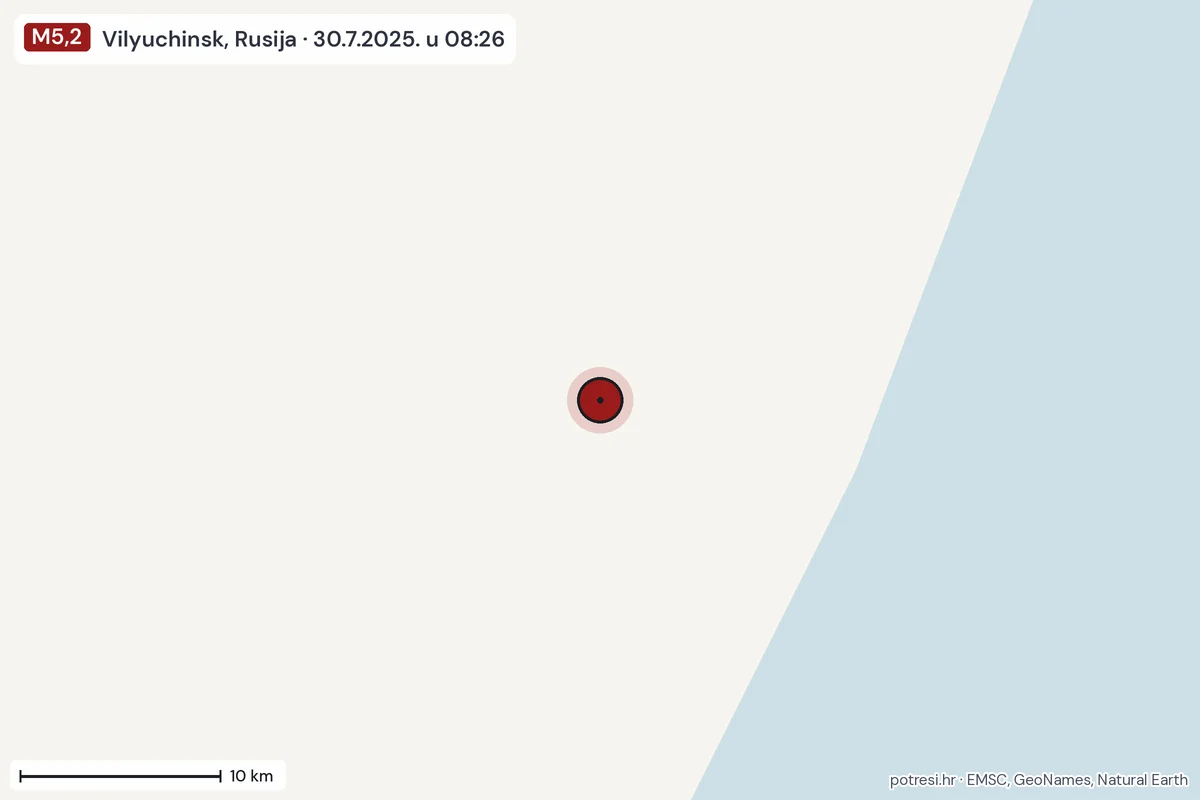 Karta: okolica epicentra, 60 km, potres M5,2, Vilyuchinsk, Rusija, 30.7.2025.