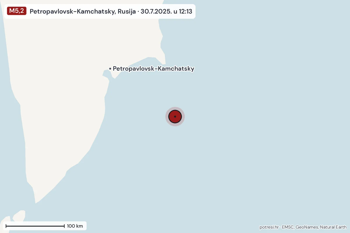Karta: šire područje, 600 km, potres M5,2, Petropavlovsk-Kamchatsky, Rusija, 30.7.2025.