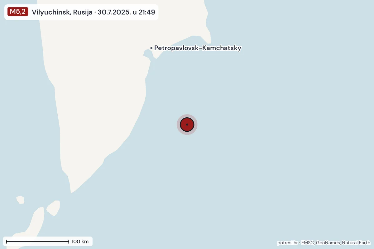 Karta: šire područje, 600 km, potres M5,2, Vilyuchinsk, Rusija, 30.7.2025.