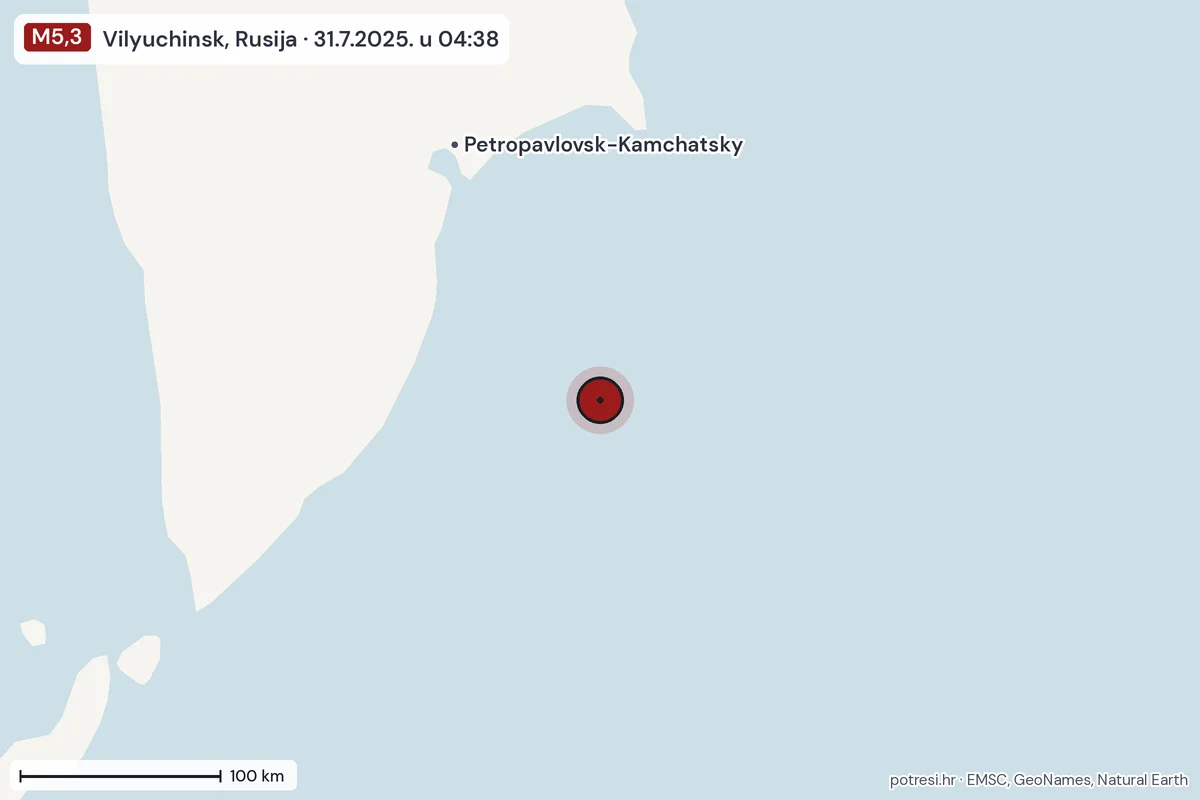 Karta: šire područje, 600 km, potres M5,3, Vilyuchinsk, Rusija, 31.7.2025.