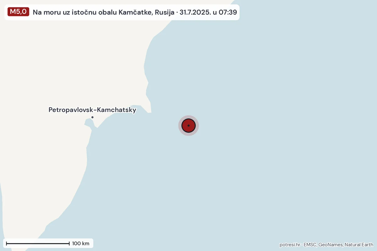 Karta: šire područje, 600 km, potres M5,0, Na moru uz istočnu obalu Kamčatke, Rusija, 31.7.2025.