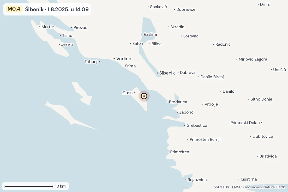 Karta: okolica epicentra, 60 km, potres M0,4, Šibenik, 1.8.2025.