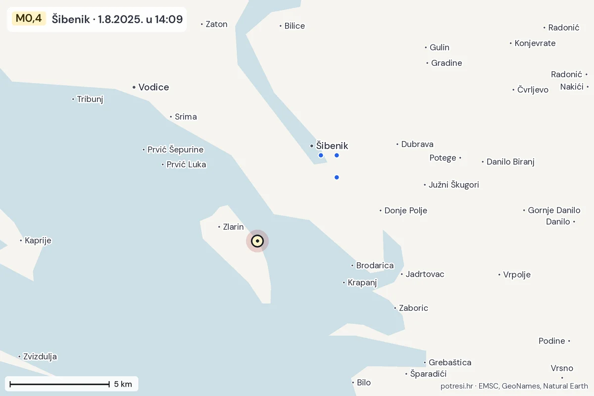 Karta: izvješća građana, potres M0,4, Šibenik, 1.8.2025.