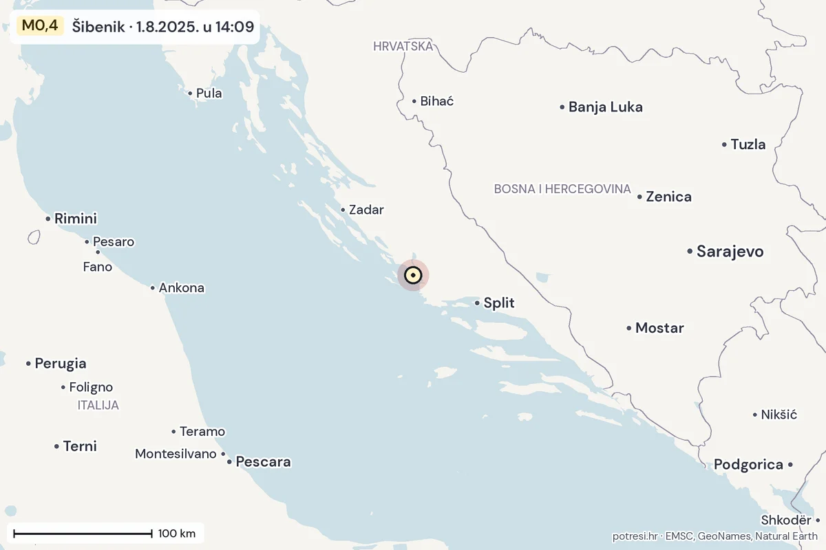 Karta: šire područje, 600 km, potres M0,4, Šibenik, 1.8.2025.