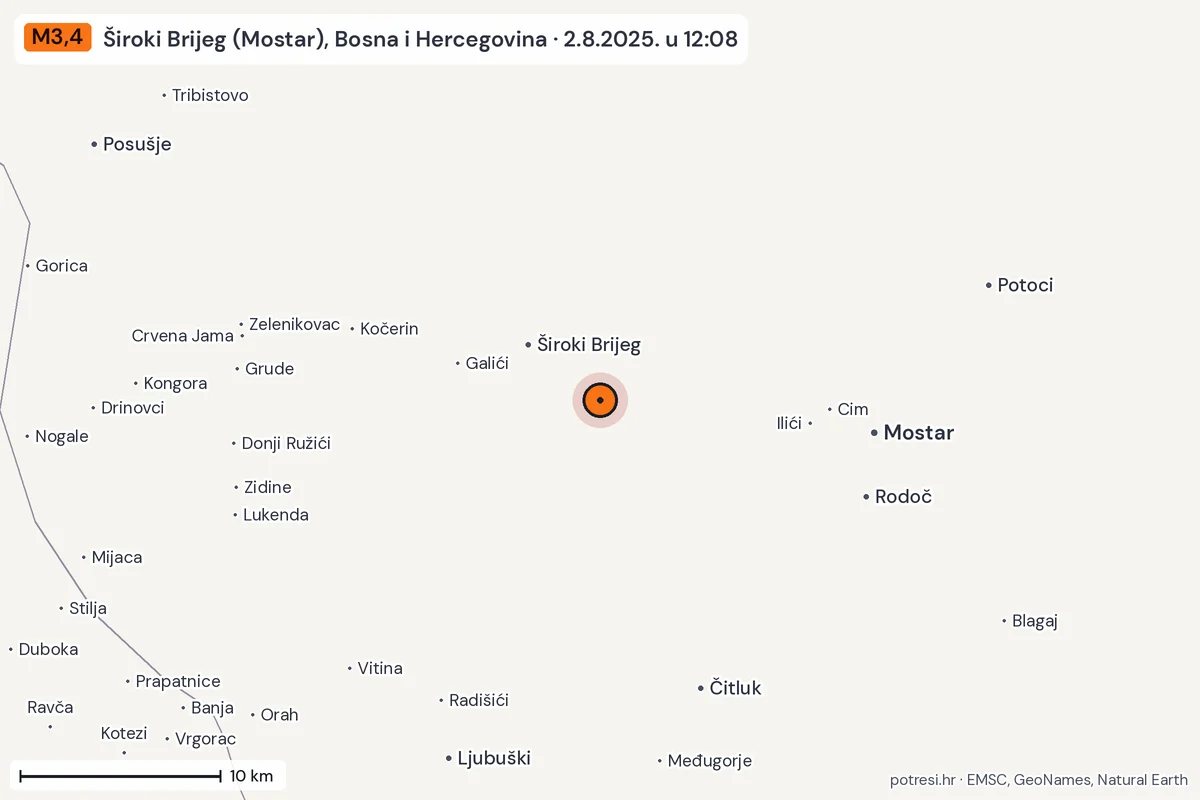 Karta: okolica epicentra, 60 km, potres M3,4, Široki Brijeg (Mostar), Bosna i Hercegovina, 2.8.2025.