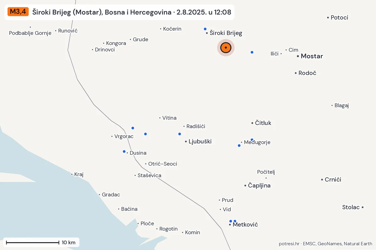 Karta: izvješća građana, potres M3,4, Široki Brijeg (Mostar), Bosna i Hercegovina, 2.8.2025.